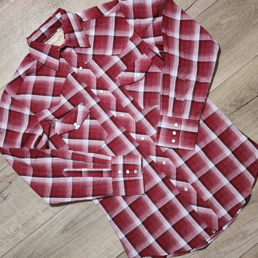 Wrangler Mens Red White Plaid Pearl Snap Western Shirt Long Sleeve Small